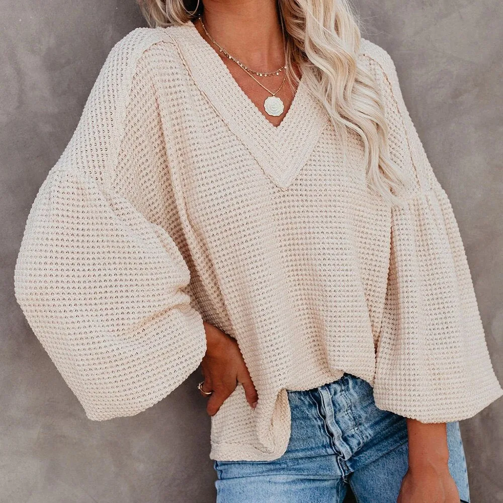 Amy Fashion - Autumn Knit V-Neck Long Lantern Sleeve Casual Sweater