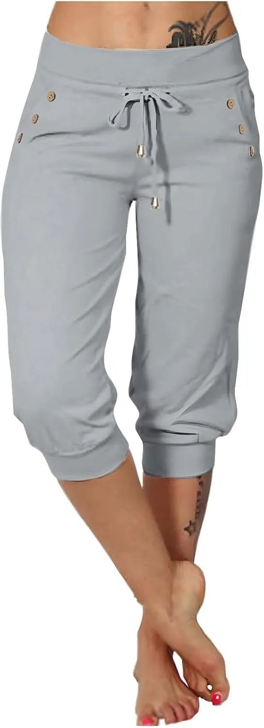 Capri Joggers Womens Fashion 2025 Trendy Elastic Drawstring High Waisted Capris Casual Summer Stretch Active Pants