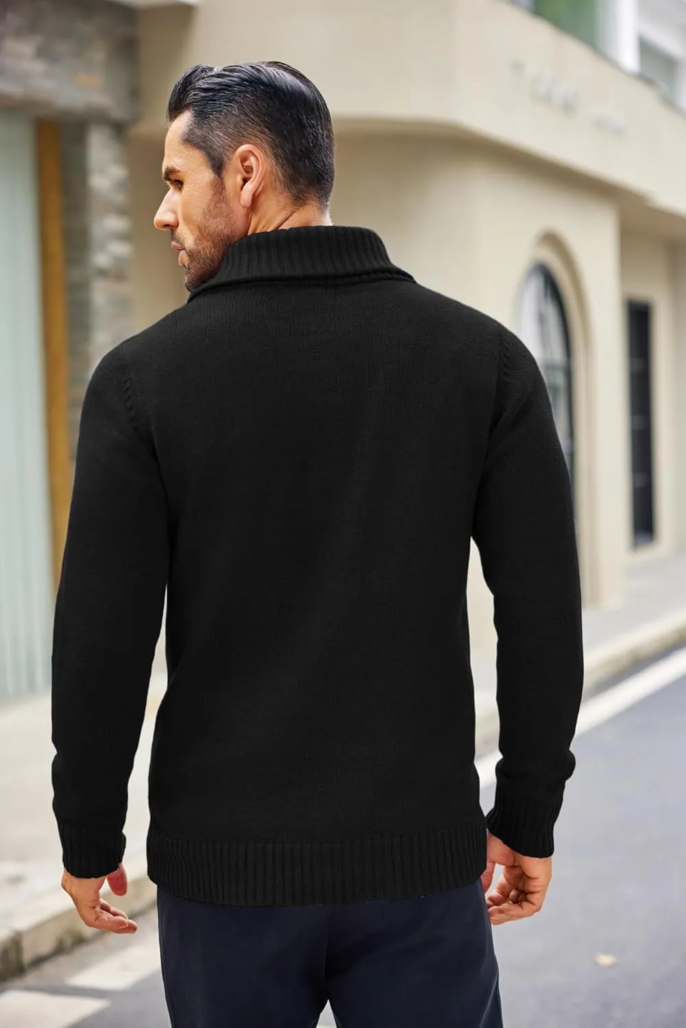COOFANDY Men's Shawl Collar Sweaters V-Neck Relaxed Fit Cable Pullovers