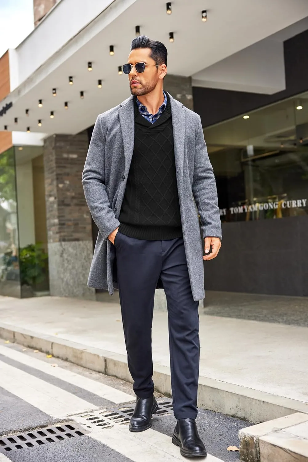 COOFANDY Men's Shawl Collar Sweaters V-Neck Relaxed Fit Cable Pullovers