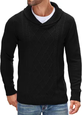 COOFANDY Men's Shawl Collar Sweaters V-Neck Relaxed Fit Cable Pullovers