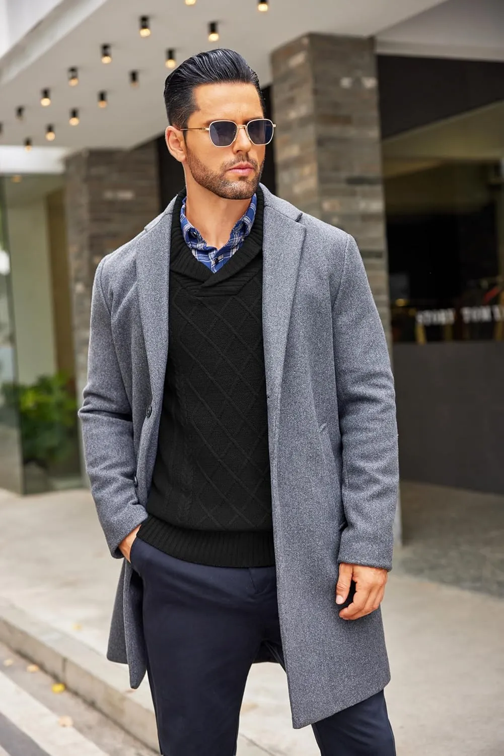 COOFANDY Men's Shawl Collar Sweaters V-Neck Relaxed Fit Cable Pullovers
