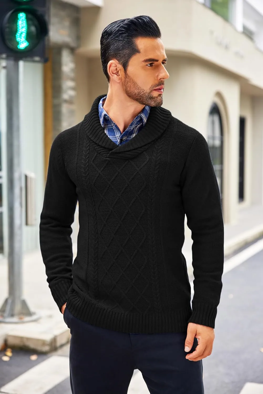 COOFANDY Men's Shawl Collar Sweaters V-Neck Relaxed Fit Cable Pullovers