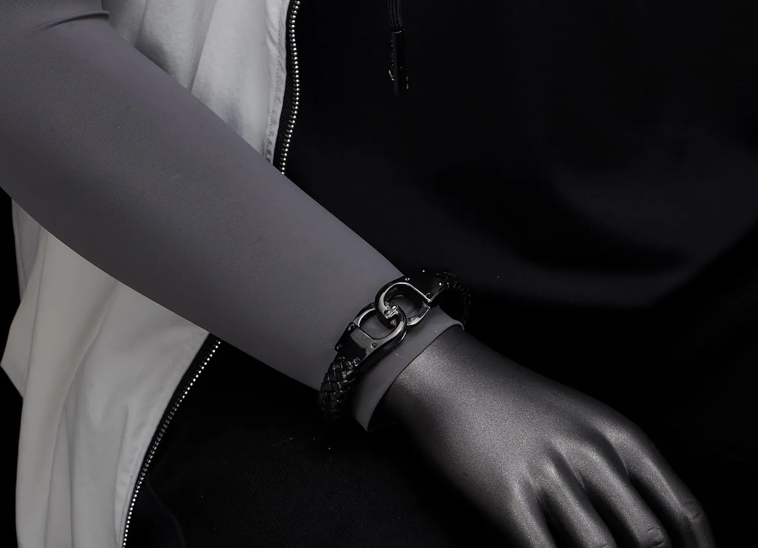 COOLSTEELANDBEYOND Mens Braided Leather Bangle Bracelet, Stainless Steel Handcuffs Centerpiece, Edgy Style