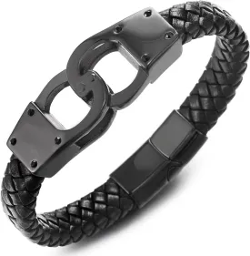 COOLSTEELANDBEYOND Mens Braided Leather Bangle Bracelet, Stainless Steel Handcuffs Centerpiece, Edgy Style