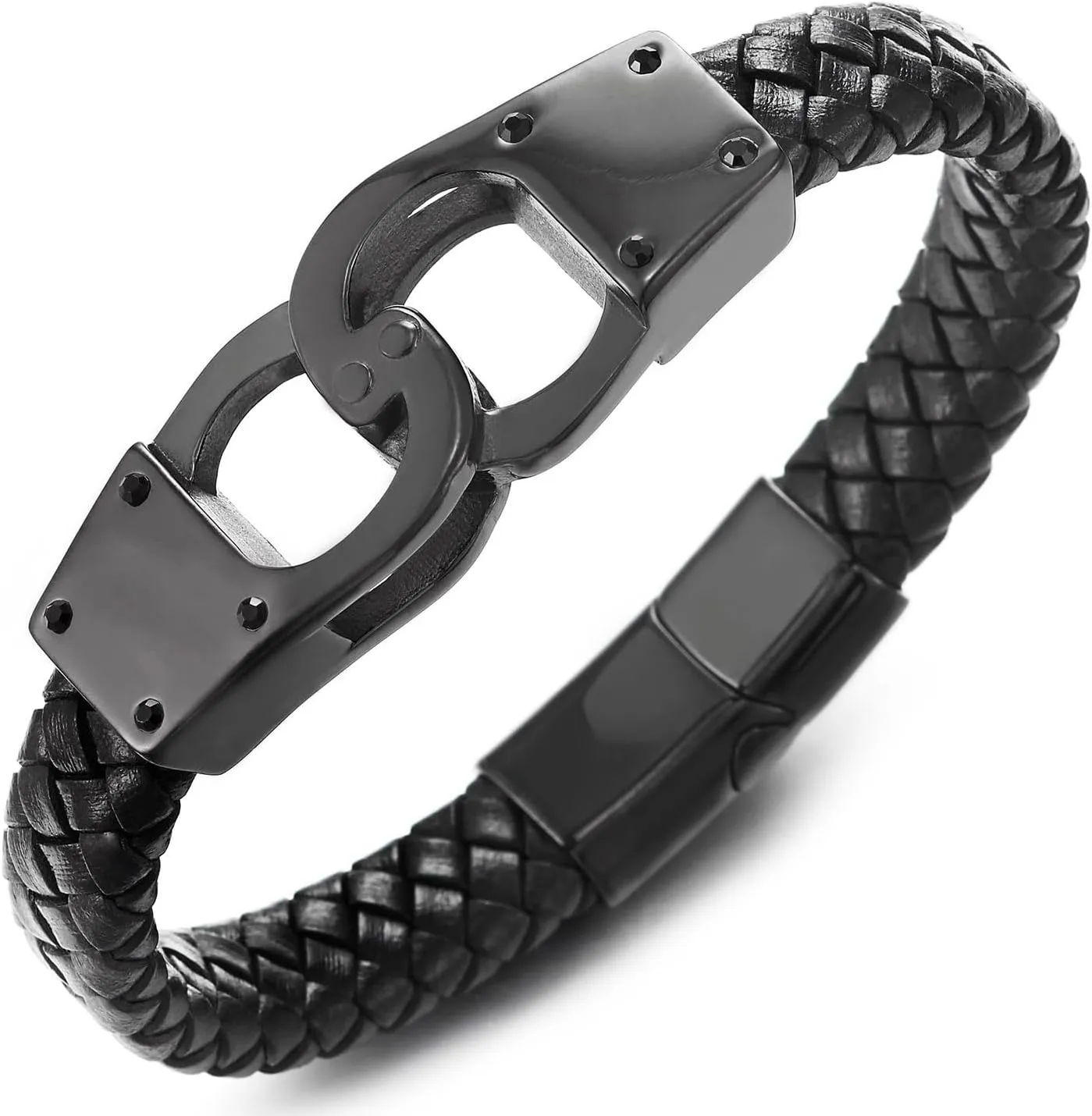 COOLSTEELANDBEYOND Mens Braided Leather Bangle Bracelet, Stainless Steel Handcuffs Centerpiece, Edgy Style