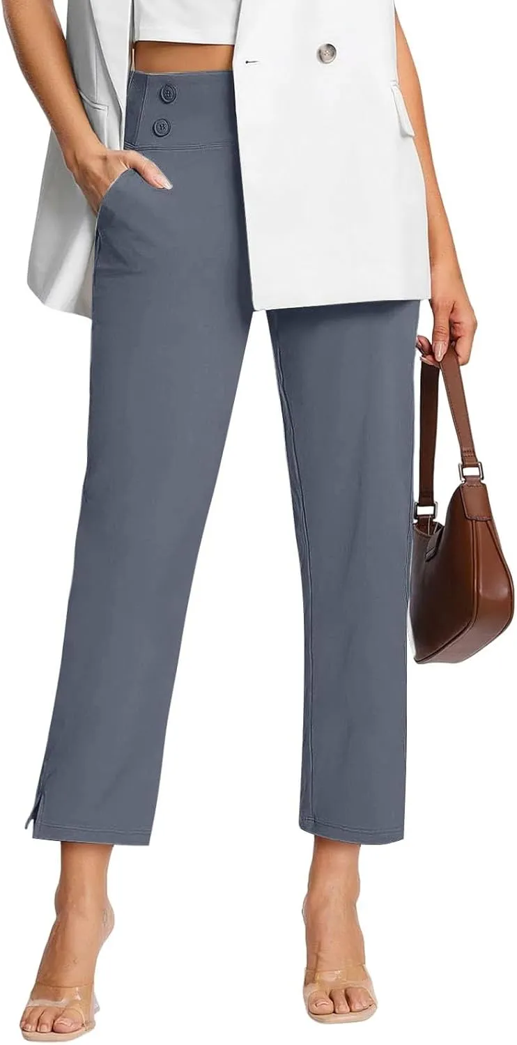 CRNTCEM Women's Yoga Dress Pants High Waisted Pull On Straight Leg Cropped Pant Stretchy Business Office Work Ankle Trousers