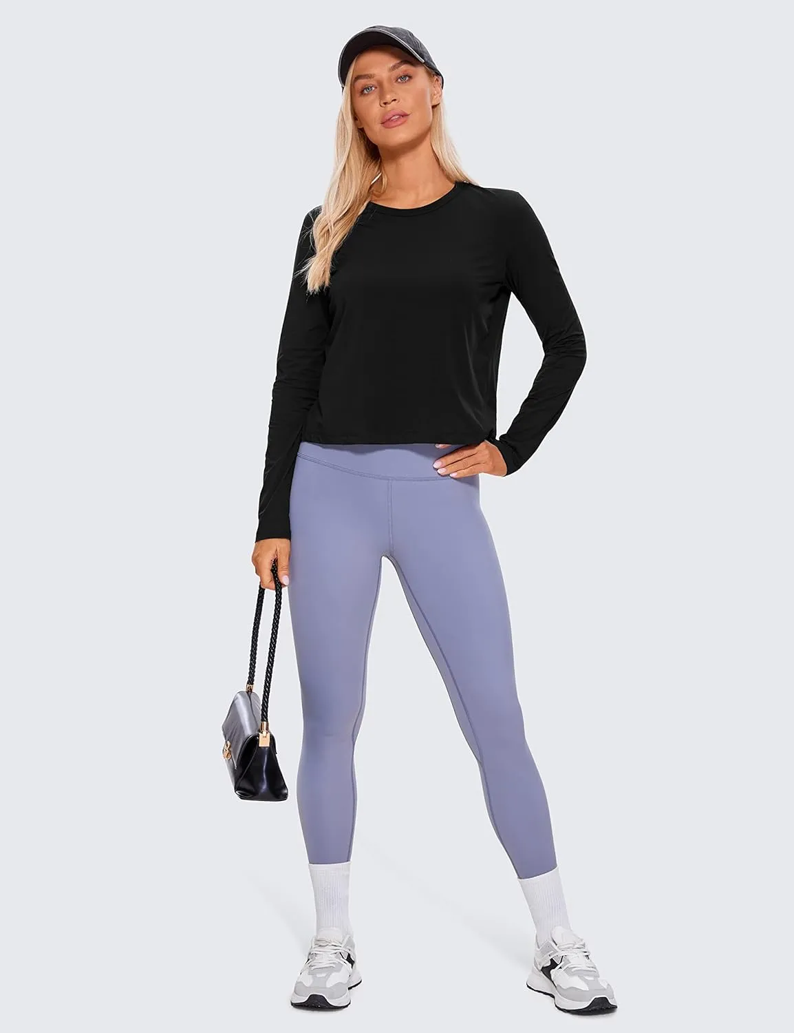 CRZ YOGA Pima Cotton Long Sleeve Workout Shirts for Women Loose Cropped Tops Athletic Sports T-Shirt