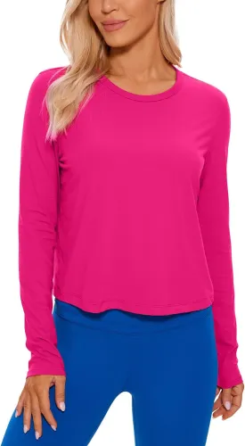 CRZ YOGA Pima Cotton Long Sleeve Workout Shirts for Women Loose Cropped Tops Athletic Sports T-Shirt