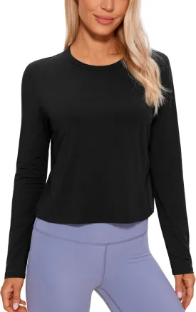 CRZ YOGA Pima Cotton Long Sleeve Workout Shirts for Women Loose Cropped Tops Athletic Sports T-Shirt