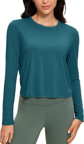 CRZ YOGA Pima Cotton Long Sleeve Workout Shirts for Women Loose Cropped Tops Athletic Sports T-Shirt