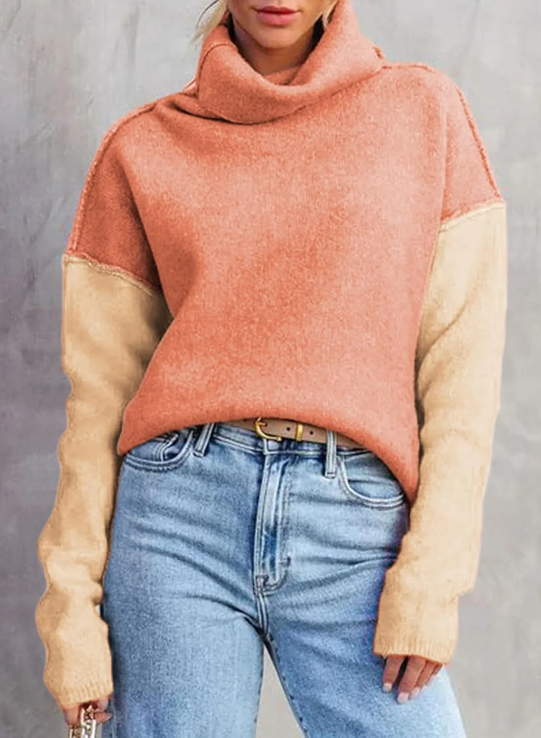 Dokotoo Womens Turtleneck Sweaters Casual Long Sleeve Color Block Side Slit Pullover Knit Jumper Tops