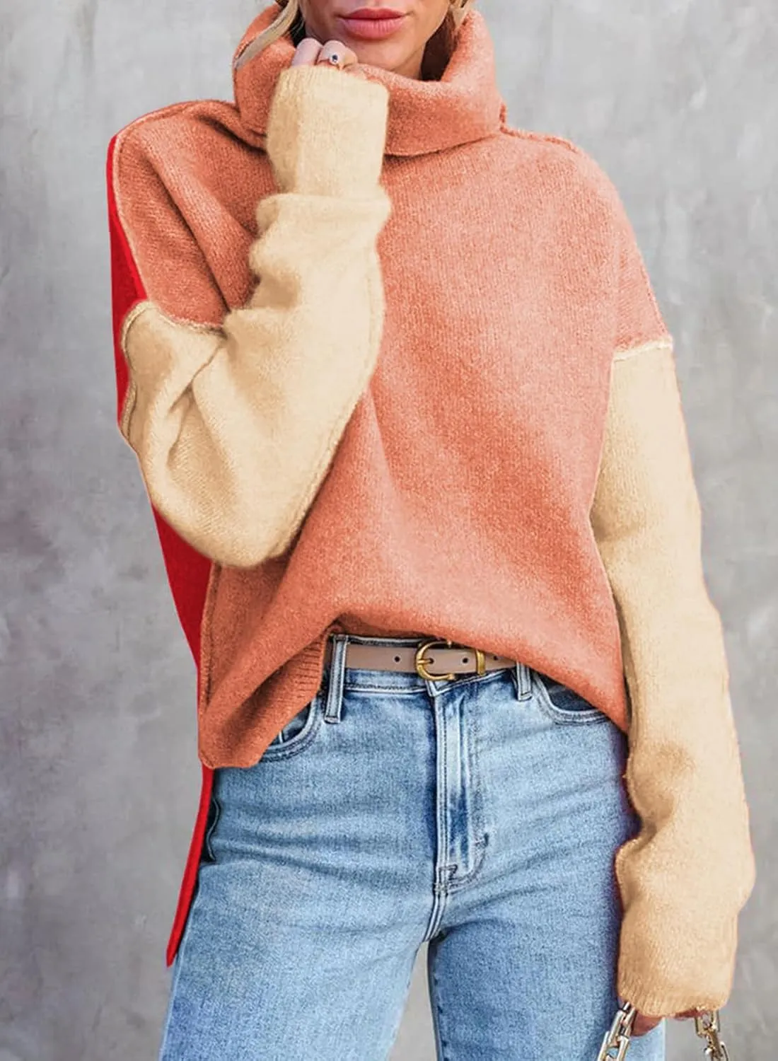 Dokotoo Womens Turtleneck Sweaters Casual Long Sleeve Color Block Side Slit Pullover Knit Jumper Tops