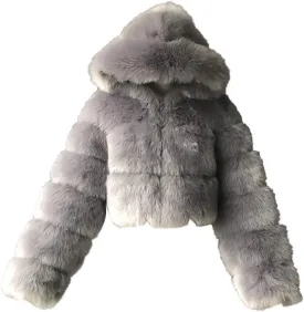 Faux Fur Coat Women Cropped Bubble Coats Fleece Short Warm Jackets Plus Size Winter Coats for Women with Hood