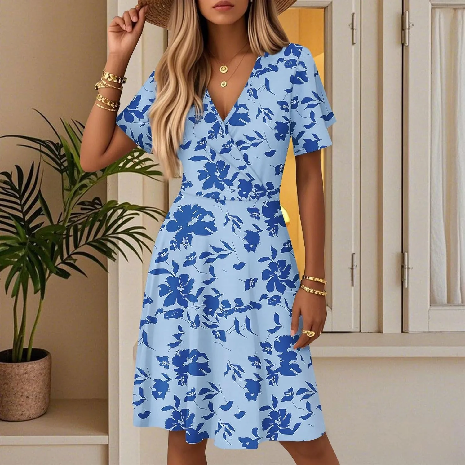 Floral Dress for Women Sexy Wrap V Neck Ruffle Sleeve Empire Waist Bodycon Pleated Dress Knee Length