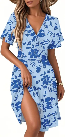 Floral Dress for Women Sexy Wrap V Neck Ruffle Sleeve Empire Waist Bodycon Pleated Dress Knee Length