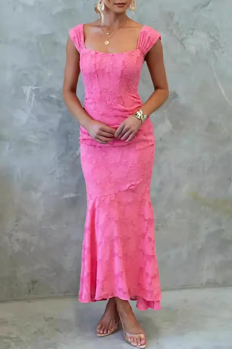 Flytonn- Elegant Solid Color Texture Square Neck Fishtail Dresses