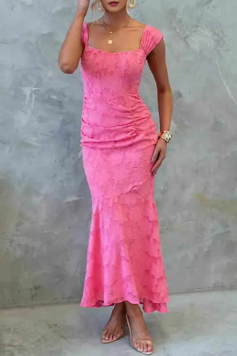 Flytonn- Elegant Solid Color Texture Square Neck Fishtail Dresses