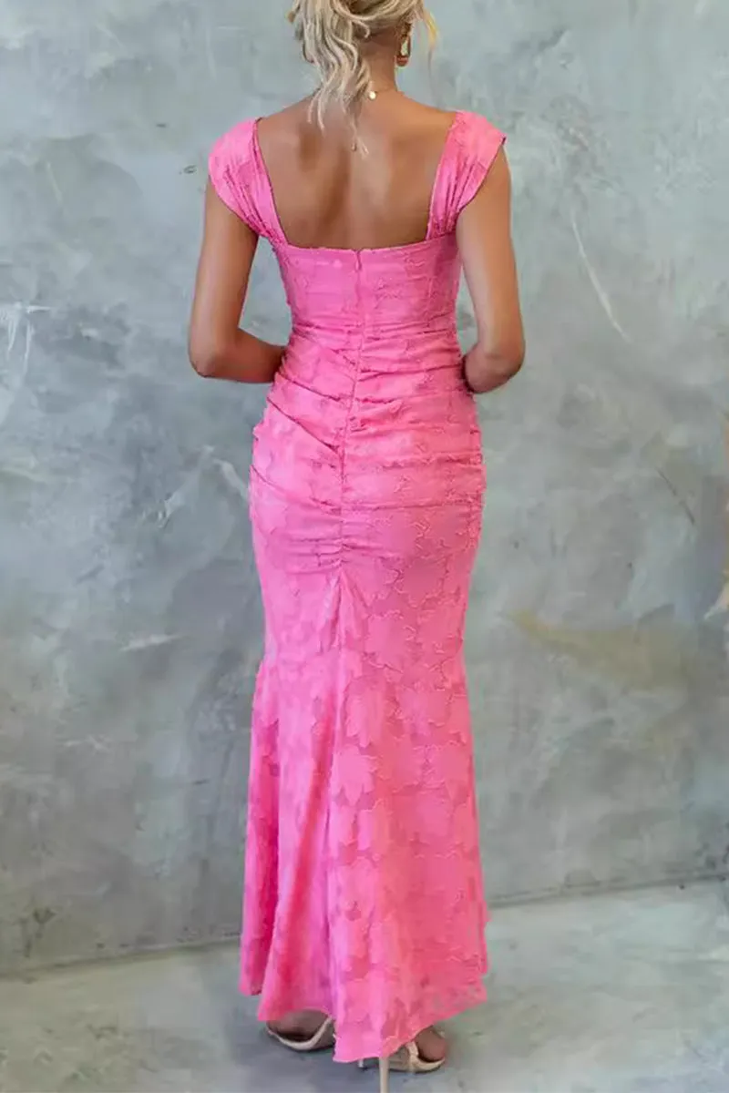 Flytonn- Elegant Solid Color Texture Square Neck Fishtail Dresses