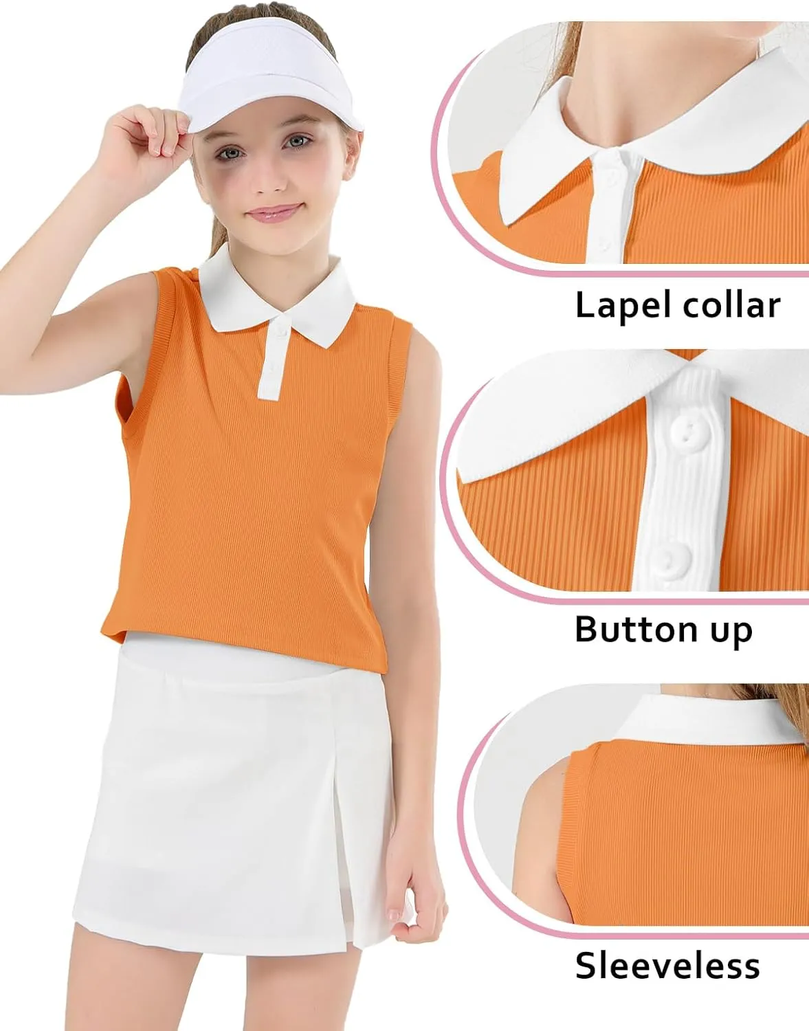 Girls Crop Tops Sleeveless Polo Shirts Athletic Tank Tops Golf Tennis T-Shirts with Collared Quick Dry Casual