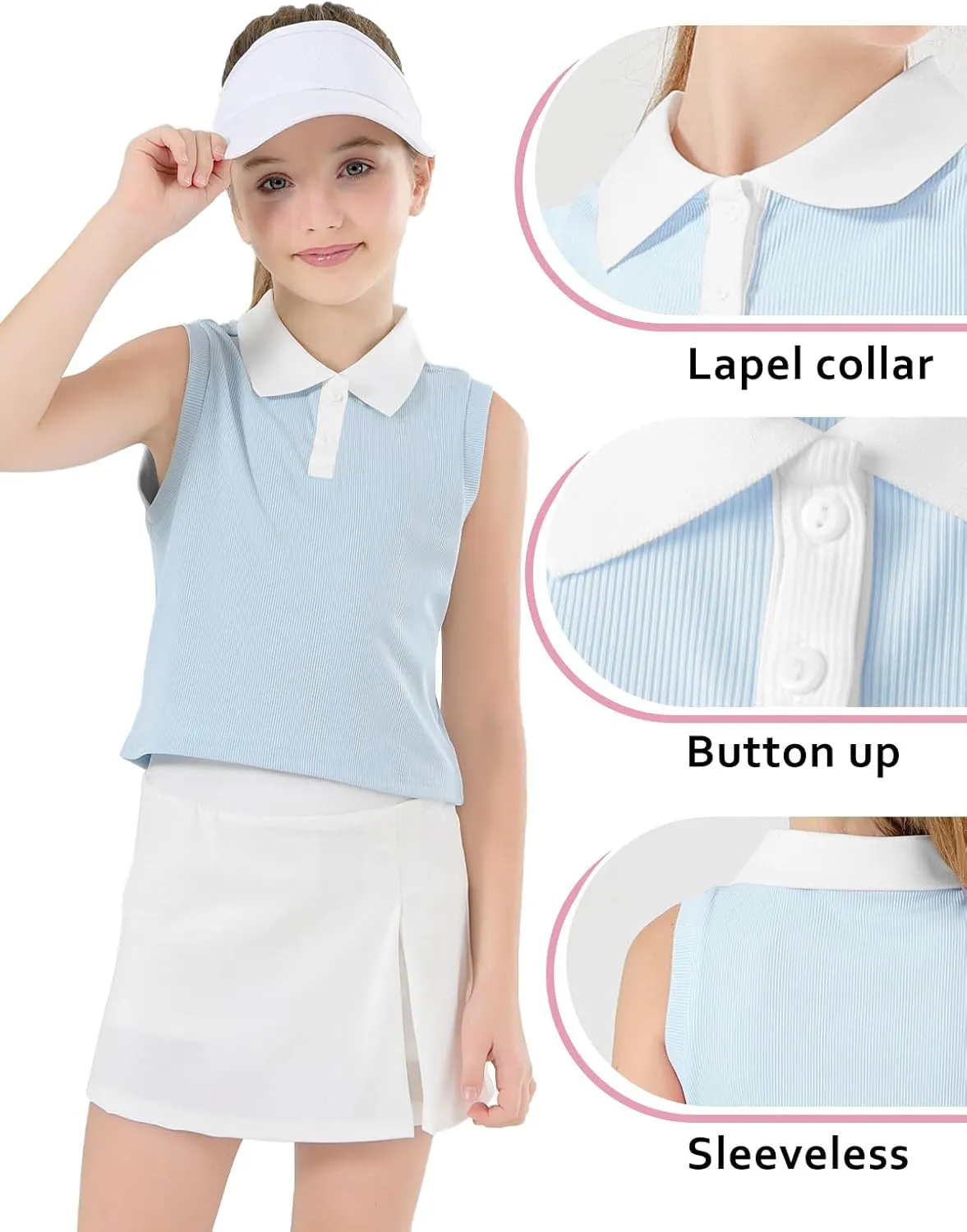 Girls Crop Tops Sleeveless Polo Shirts Athletic Tank Tops Golf Tennis T-Shirts with Collared Quick Dry Casual