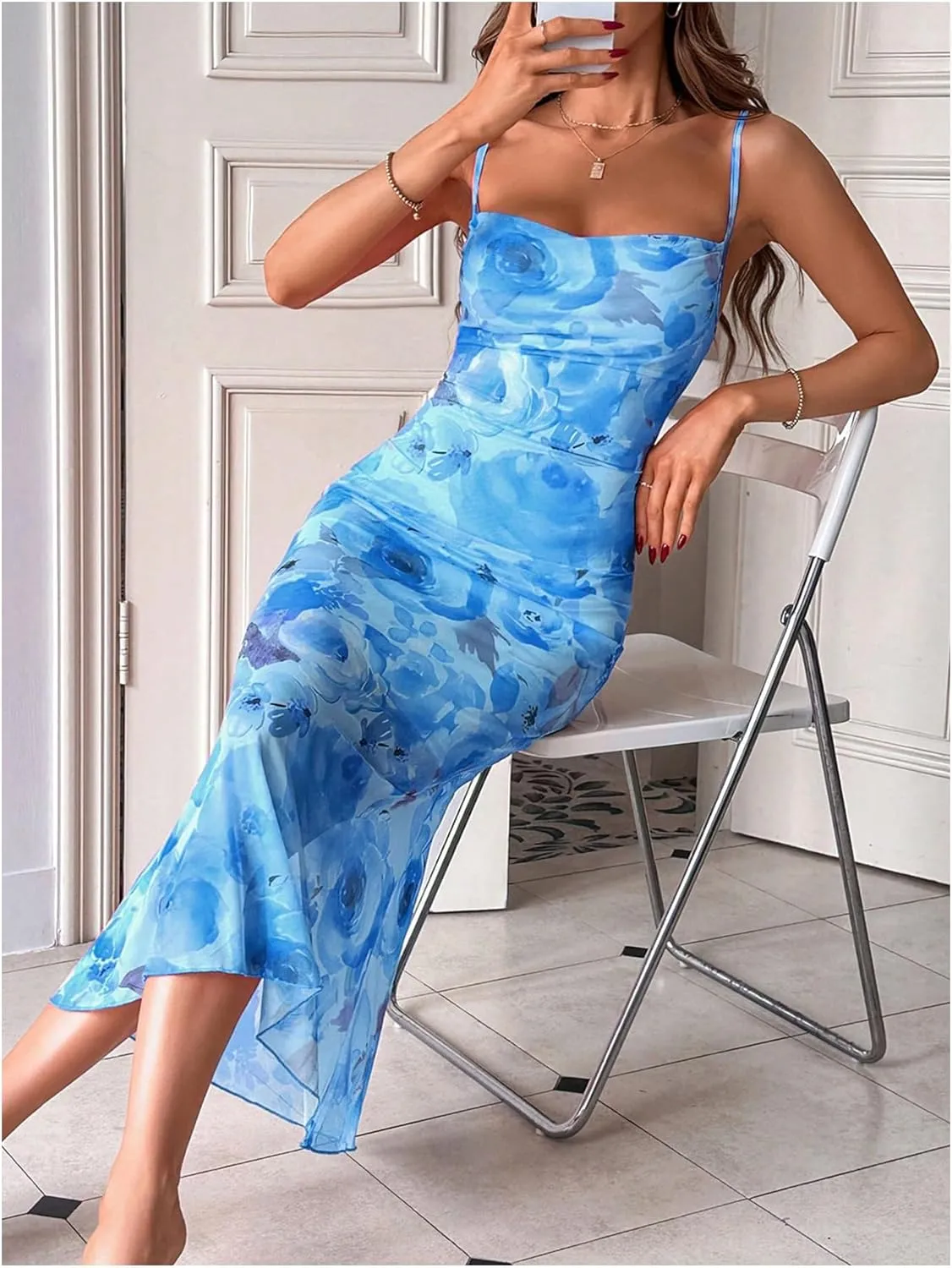 GORGLITTER Women's Floral Ruched Bodycon Midi Dress Mesh Fishtail Summer Wedding Guest Cocktail Going Out Dresses 2025