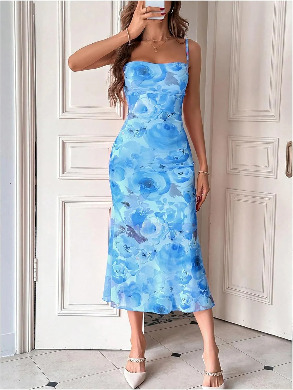GORGLITTER Women's Floral Ruched Bodycon Midi Dress Mesh Fishtail Summer Wedding Guest Cocktail Going Out Dresses 2025