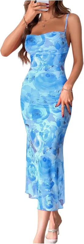 GORGLITTER Women's Floral Ruched Bodycon Midi Dress Mesh Fishtail Summer Wedding Guest Cocktail Going Out Dresses 2025