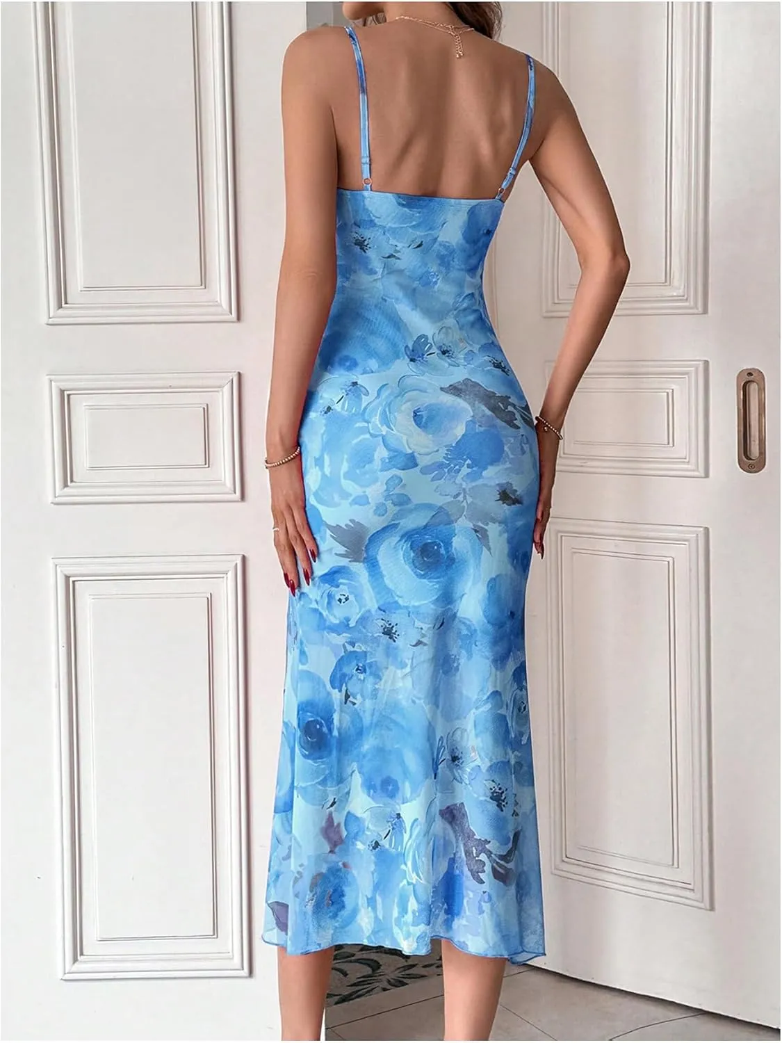 GORGLITTER Women's Floral Ruched Bodycon Midi Dress Mesh Fishtail Summer Wedding Guest Cocktail Going Out Dresses 2025