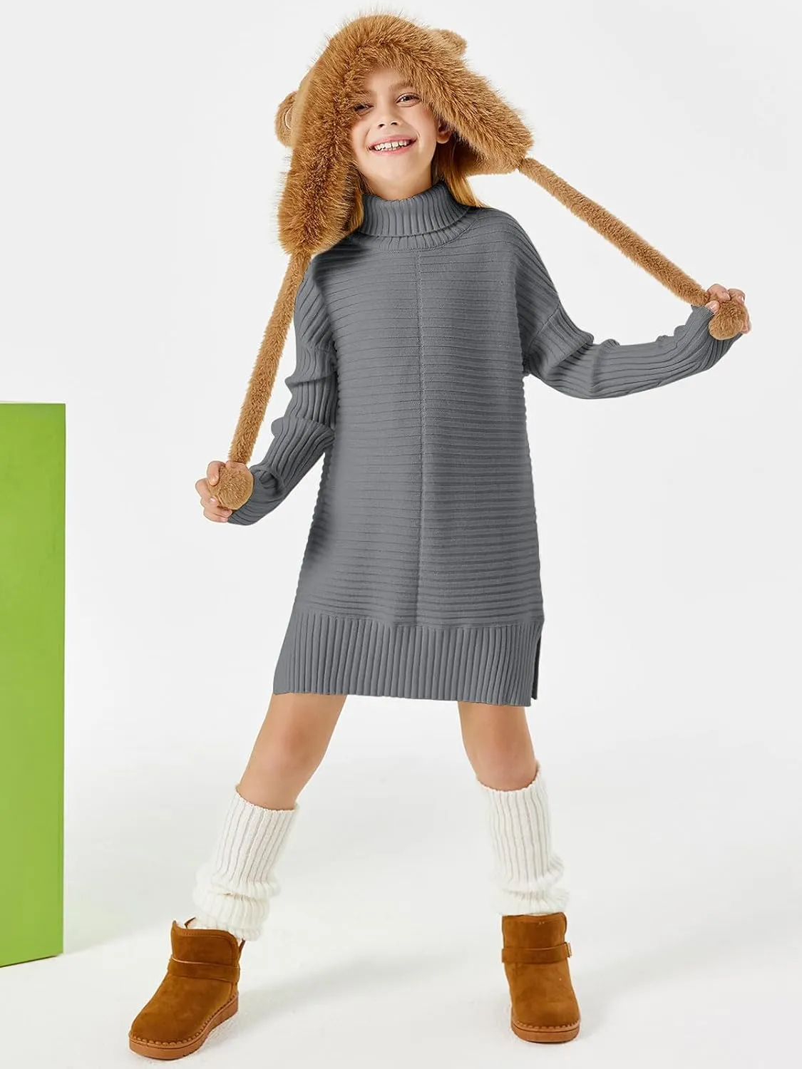 Haloumoning Kids Girls Turtleneck Tunic Sweaters Dress Oversized Long Sleeve Knit Chunky Pullover Jumper with Slit 5-14T