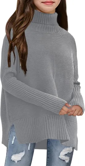 Haloumoning Kids Girls Turtleneck Tunic Sweaters Dress Oversized Long Sleeve Knit Chunky Pullover Jumper with Slit 5-14T