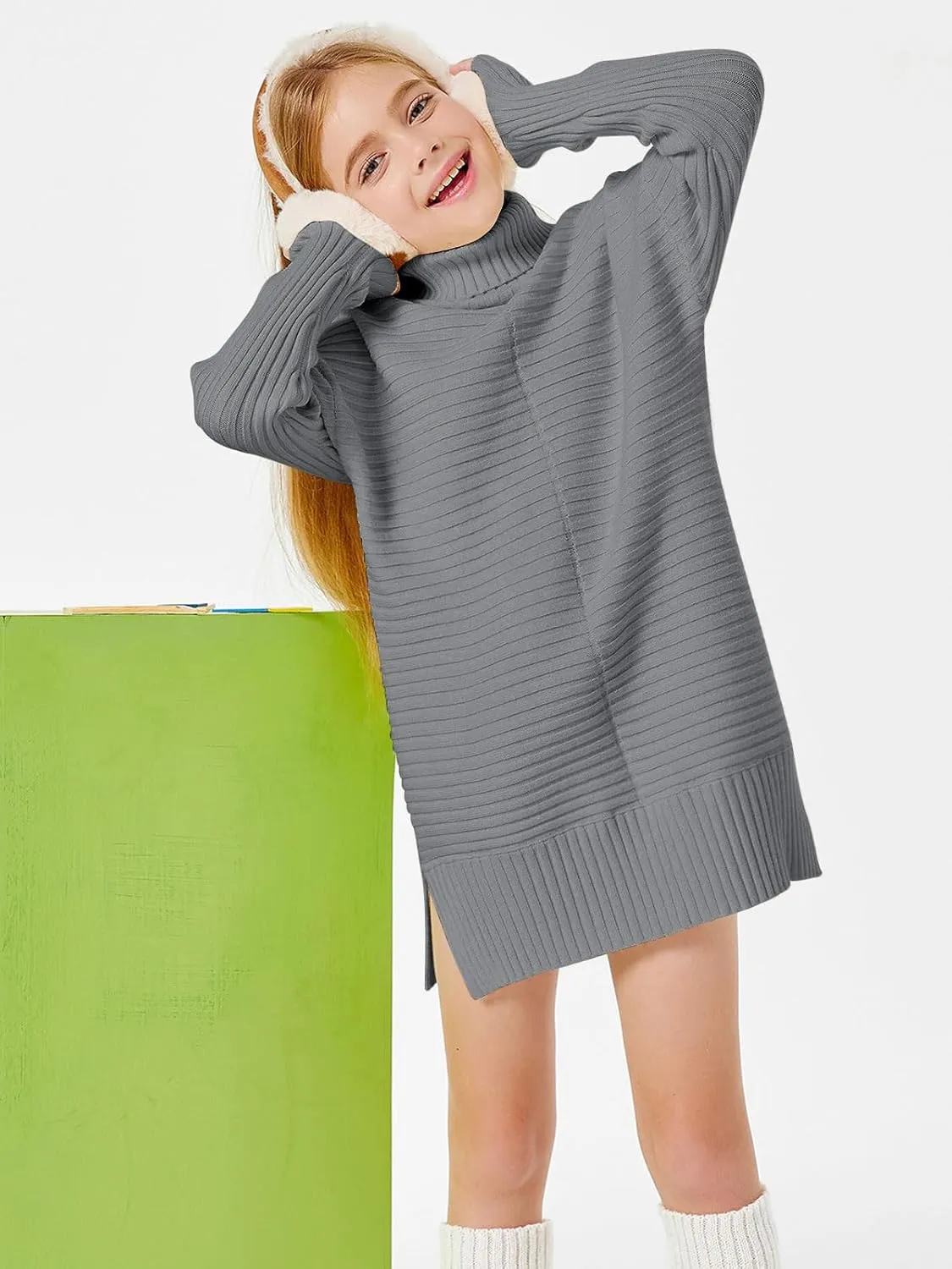 Haloumoning Kids Girls Turtleneck Tunic Sweaters Dress Oversized Long Sleeve Knit Chunky Pullover Jumper with Slit 5-14T