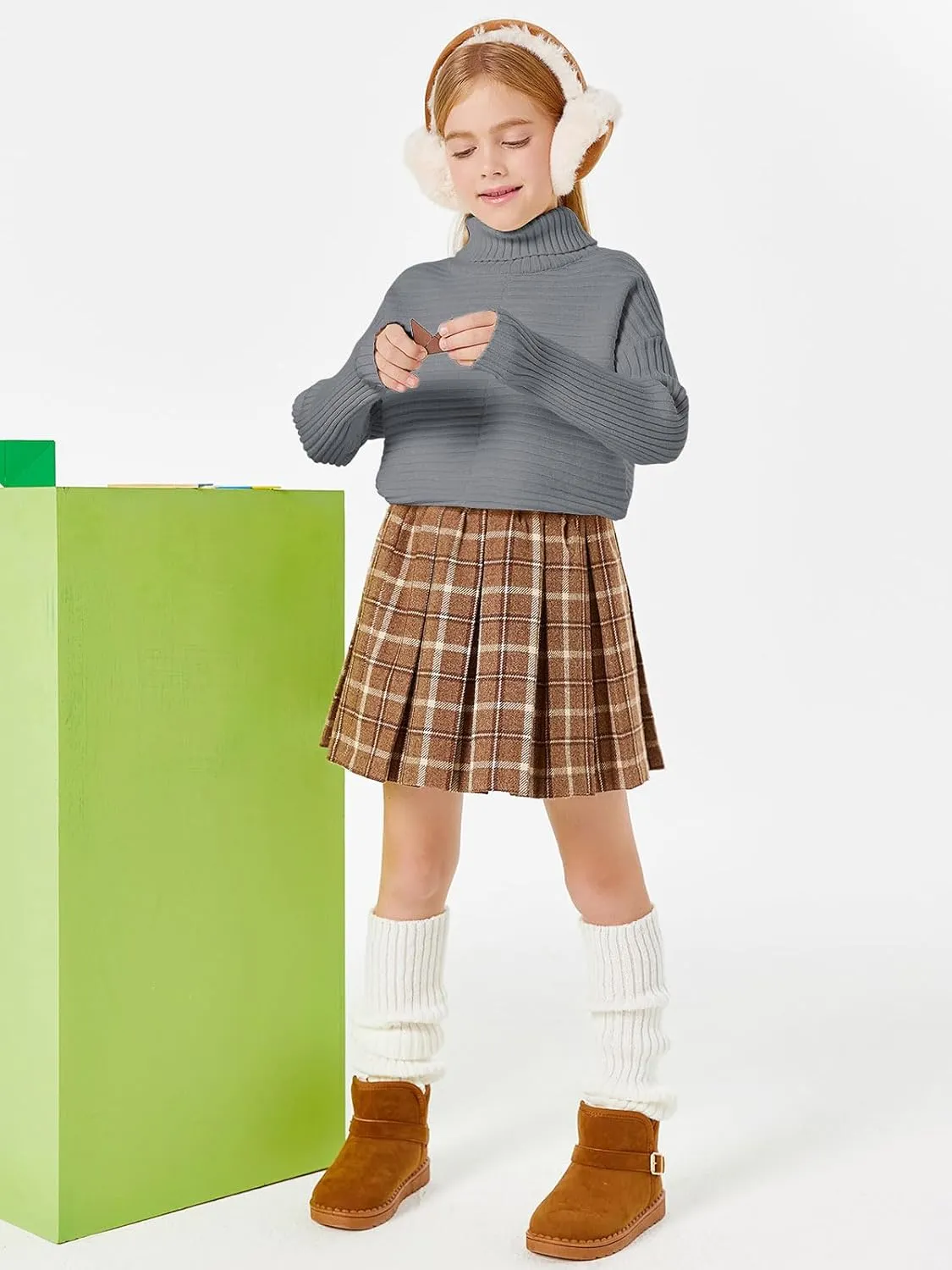 Haloumoning Kids Girls Turtleneck Tunic Sweaters Dress Oversized Long Sleeve Knit Chunky Pullover Jumper with Slit 5-14T