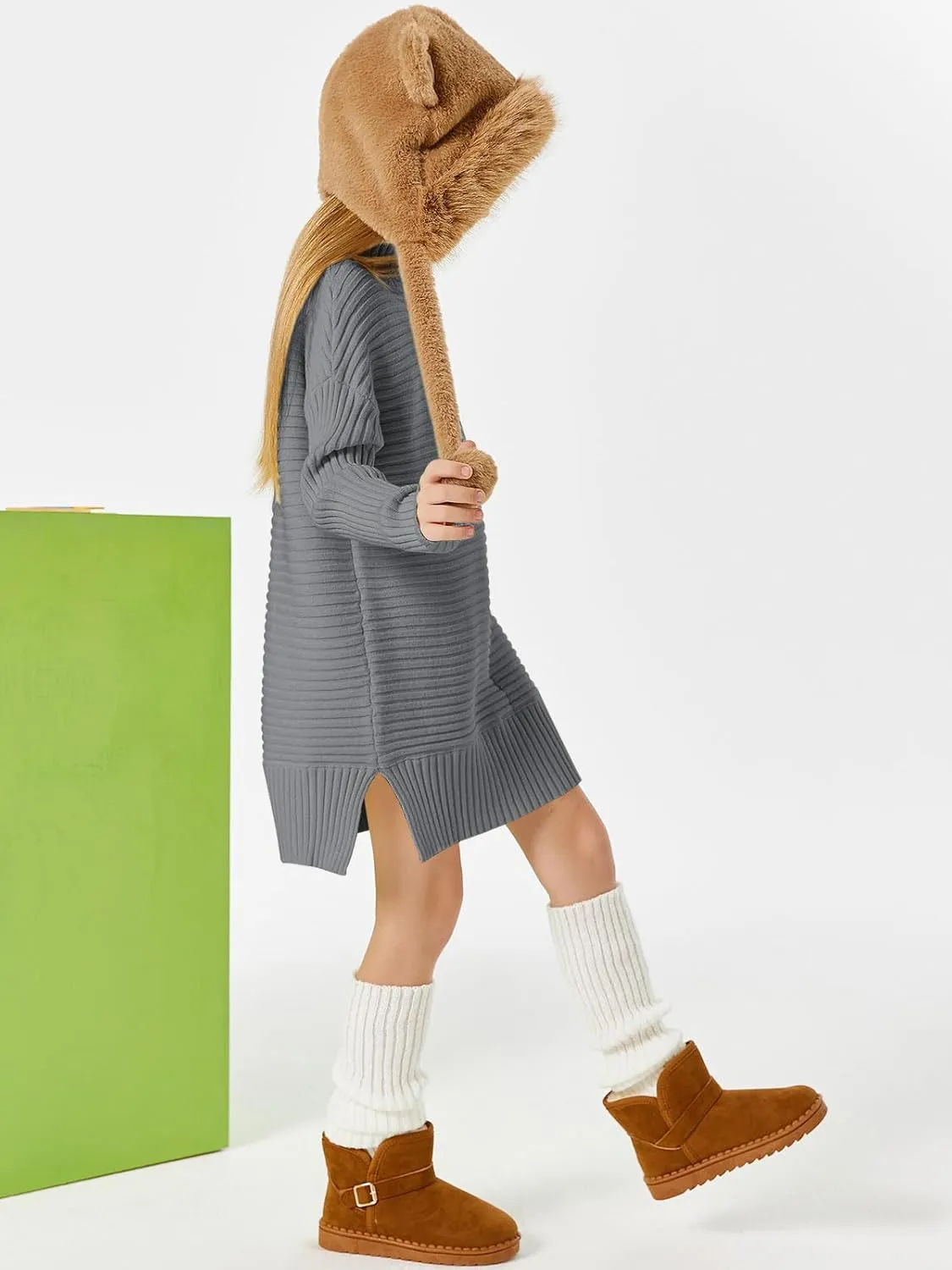 Haloumoning Kids Girls Turtleneck Tunic Sweaters Dress Oversized Long Sleeve Knit Chunky Pullover Jumper with Slit 5-14T