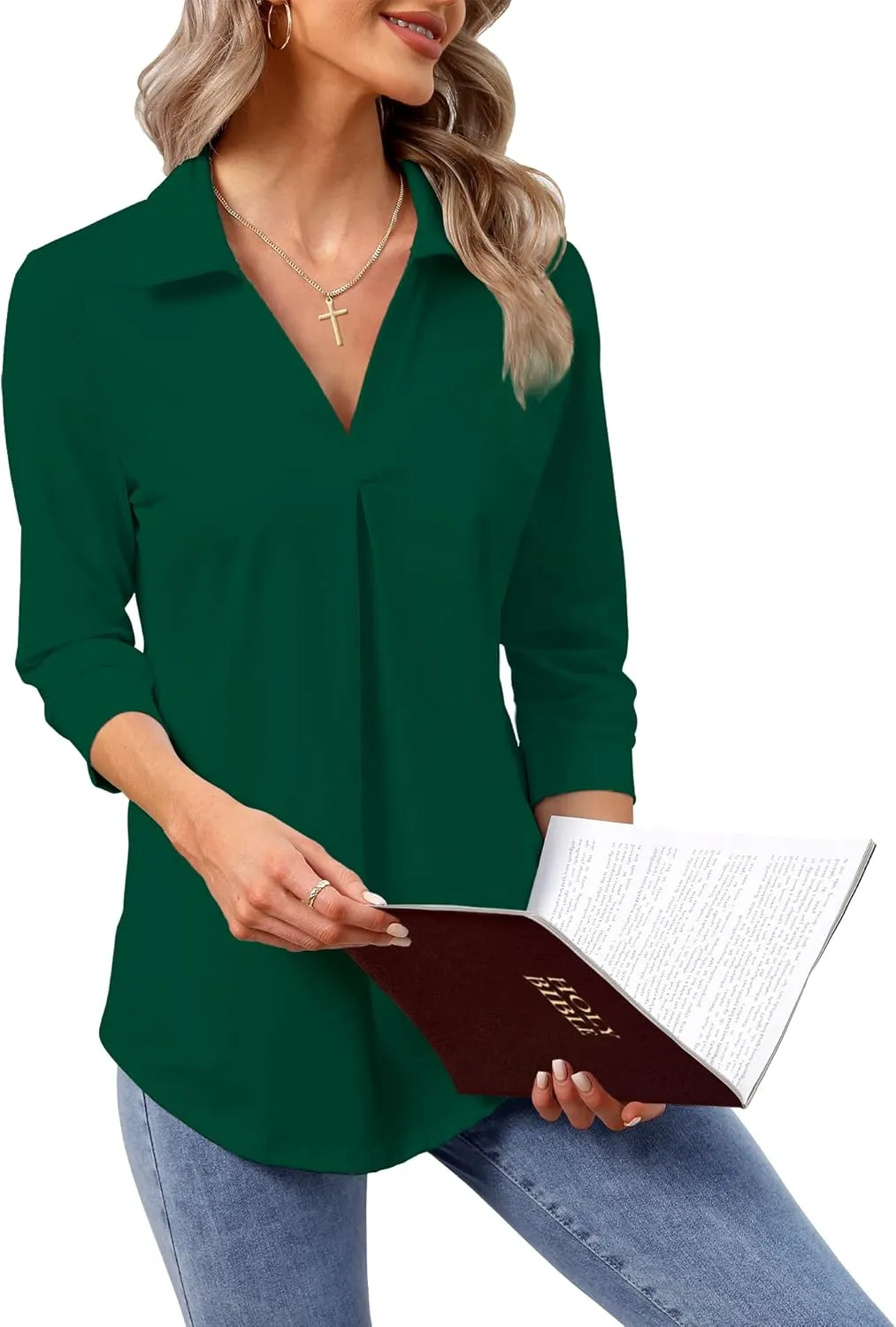 Heat Move Women's 3/4 Sleeve Length Tops Collared V Neck Shirt Dressy Casual Business Blouses for Work Professional