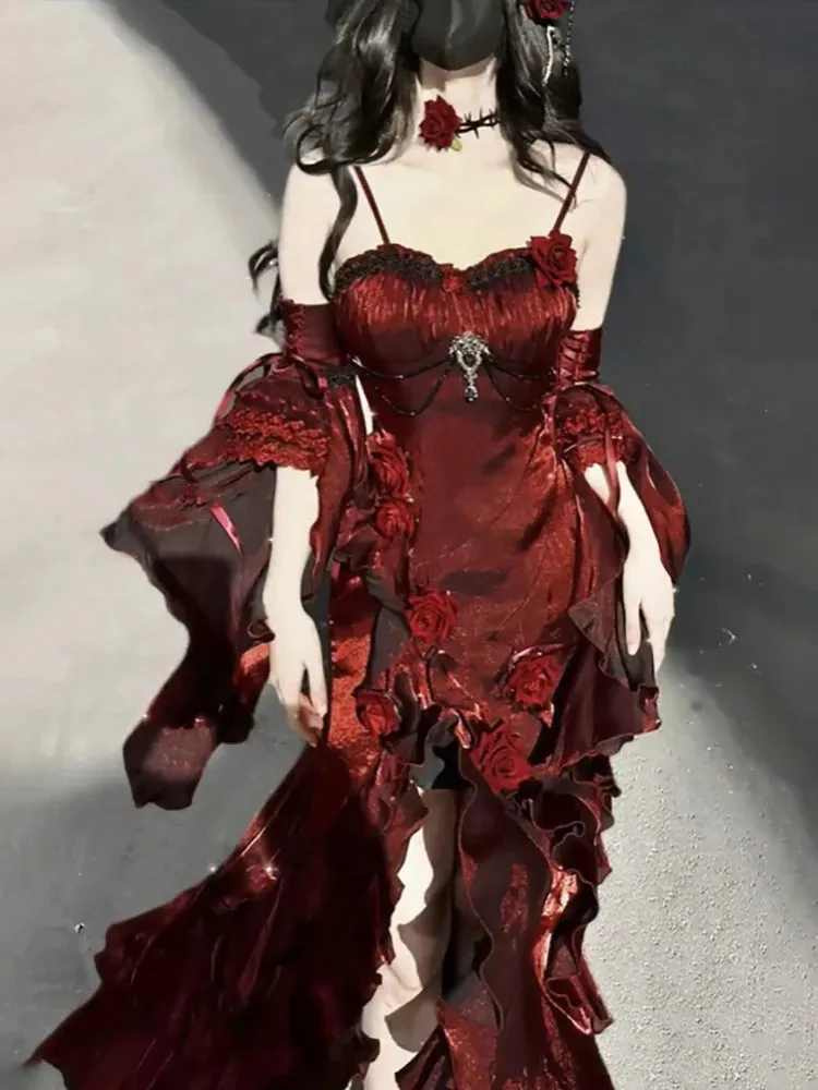 Hepburn Style Rose Sling Dress Fishtail Skirt