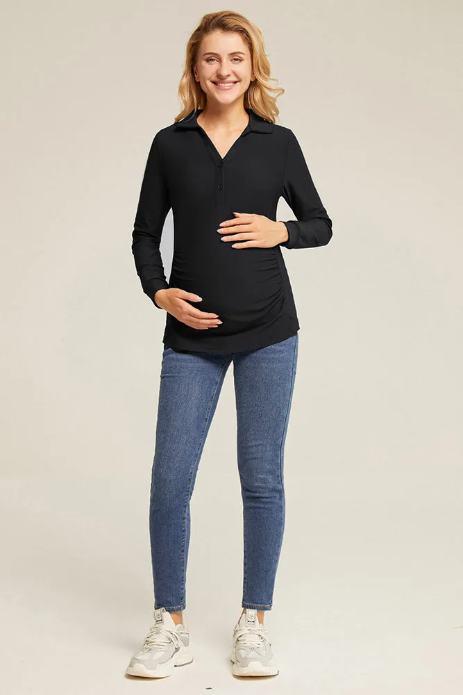 Maacie Maternity Lapel Collar Sports Long Sleeve V-Neck Tops