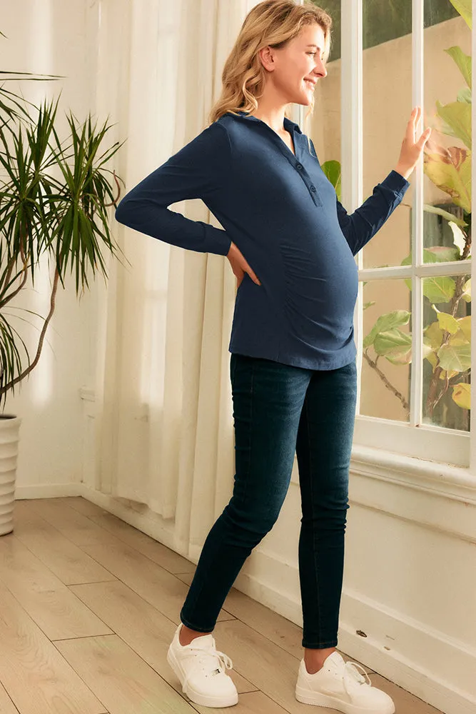 Maacie Maternity Lapel Collar Sports Long Sleeve V-Neck Tops