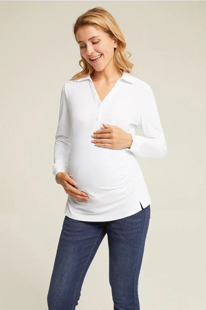 Maacie Maternity Lapel Collar Sports Long Sleeve V-Neck Tops