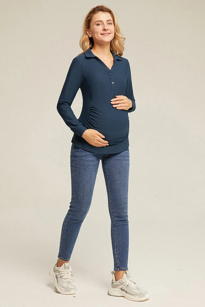 Maacie Maternity Lapel Collar Sports Long Sleeve V-Neck Tops