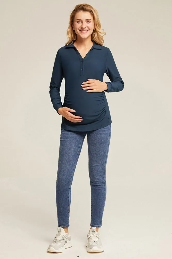 Maacie Maternity Lapel Collar Sports Long Sleeve V-Neck Tops
