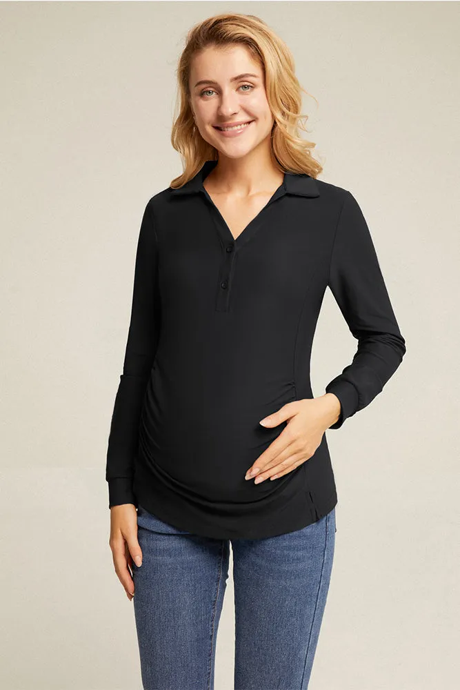 Maacie Maternity Lapel Collar Sports Long Sleeve V-Neck Tops