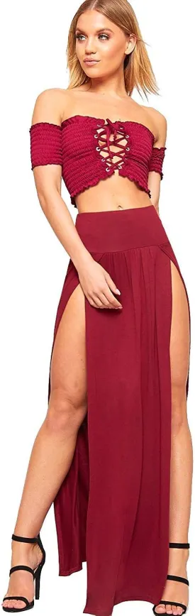 OgLuxe Womens Double Split Maxi Long Skirt Ladies Plain Basic Two Side Slit 4-22