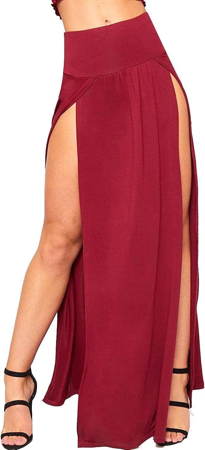 OgLuxe Womens Double Split Maxi Long Skirt Ladies Plain Basic Two Side Slit 4-22