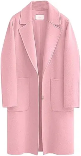 Omoone Women's Notched Lapel Wool Coats Mid Long Button Pea Coats Warm Thicken Trench Jacket