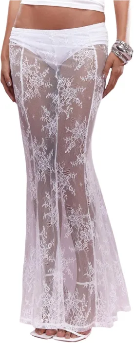 OYOANGLE Women's Floral Lace Sheer Maxi Skirt High Waisted See Through Fishtail Skirts