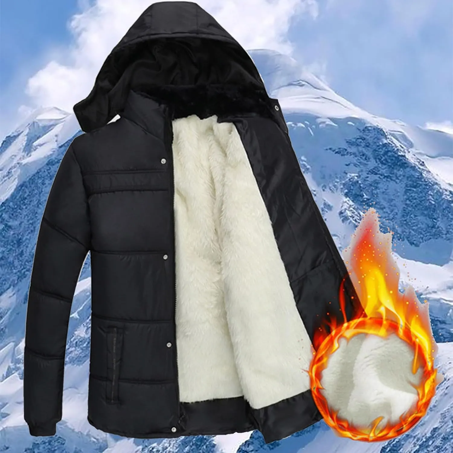 Puffer Jacket Men Fleece Lined Hooded down Jacket Quilted Windbreaker Jacket Warm Insulated Jackets Thermal Winter Coat
