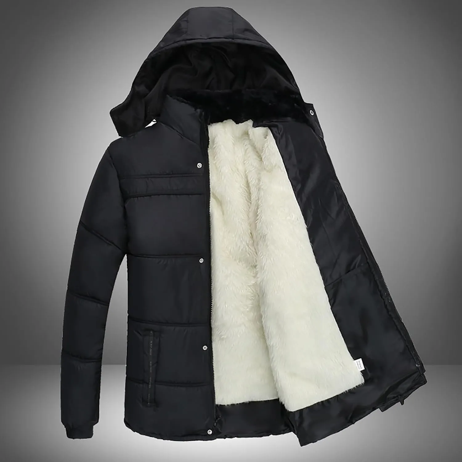 Puffer Jacket Men Fleece Lined Hooded down Jacket Quilted Windbreaker Jacket Warm Insulated Jackets Thermal Winter Coat