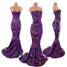 Rainbow Leopard Strapless Gown with Puddle Train