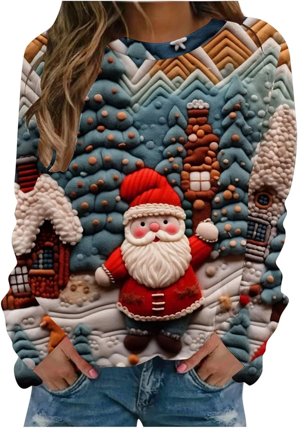SMIDOW Women Ugly Christmas Sweatshirts 3D Digital Print Novelty Pullover Tops Funny Santa Xmas Tree Graphic Holiday Outfits
